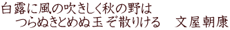 白露に風の吹きしく秋の野は 　つらぬきとめぬ玉ぞ散りける　文屋朝康